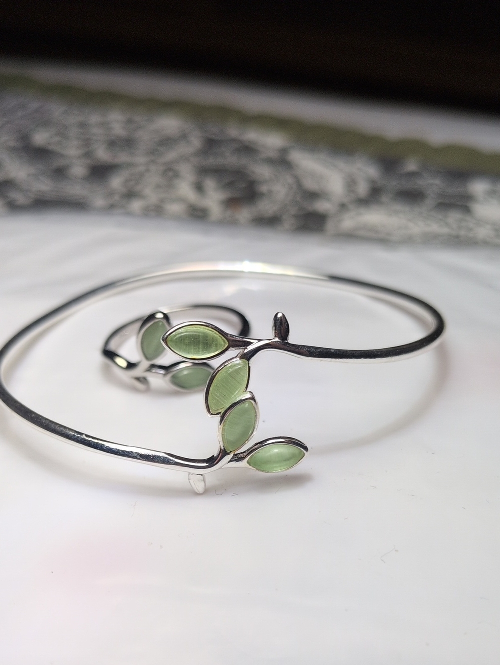 Sterling Silver Leaf Cuff Bracelet and Open Ring in Green